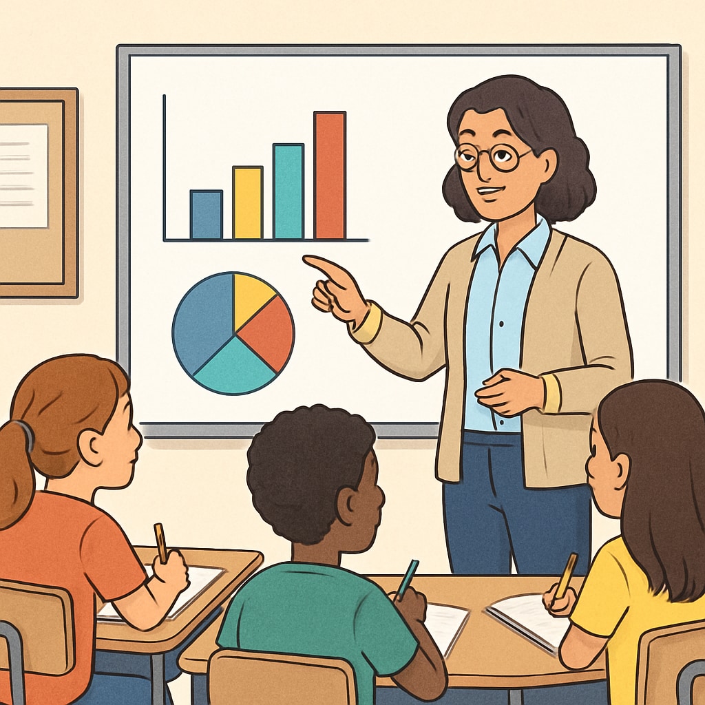 Teacher demonstrating data visualization tools to students, promoting early data literacy.