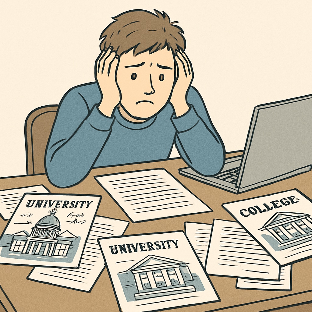 A freshman overwhelmed by university applications and choices.