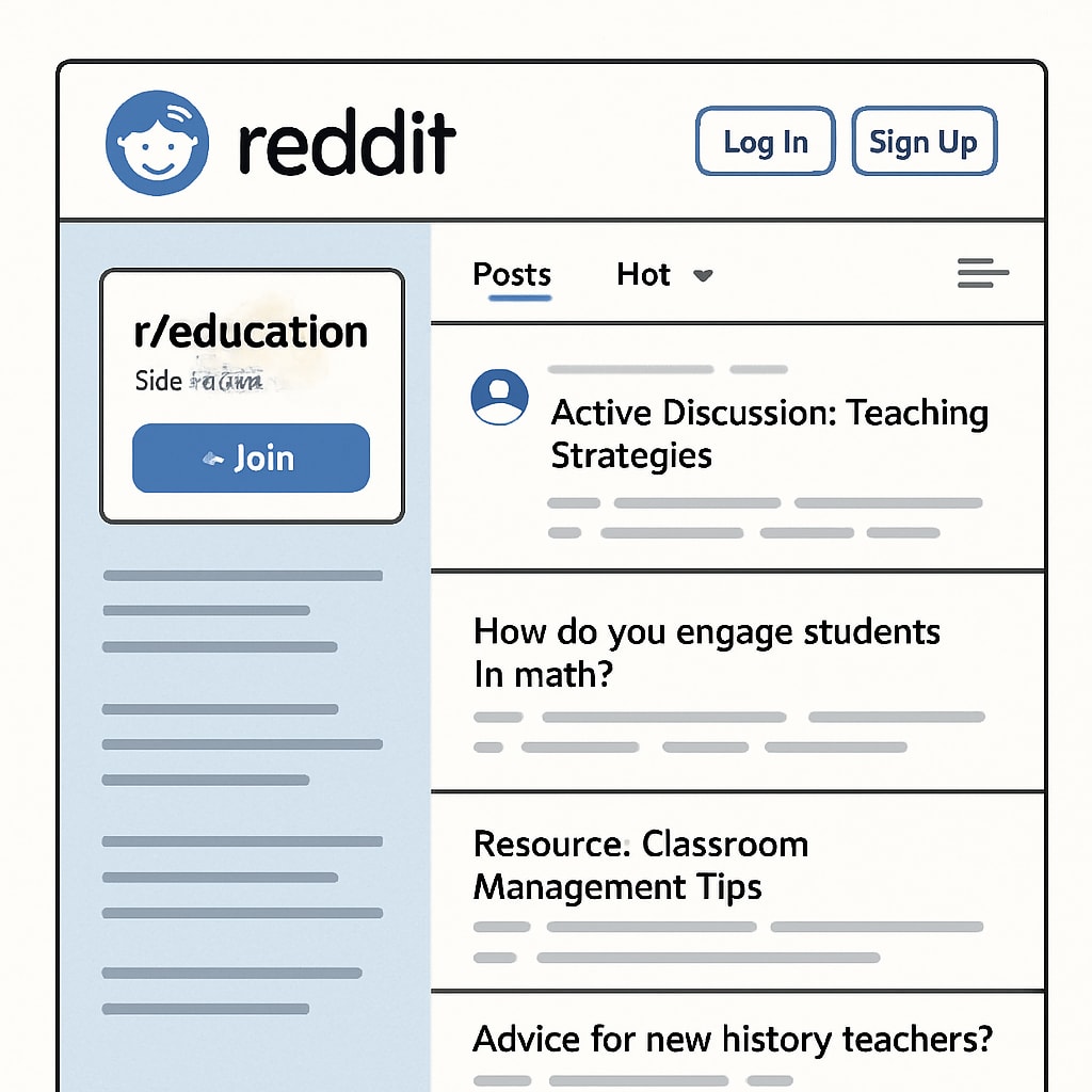 A screenshot of the Reddit homepage for a popular education subreddit, showcasing active discussions and posts by educators. Reddit education subreddit homepage featuring discussions and teaching resources.