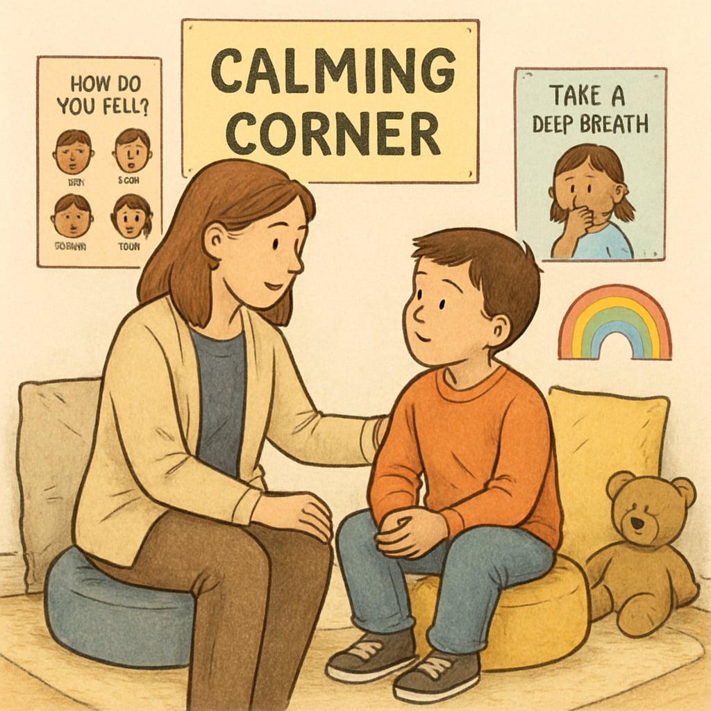 A teacher guiding a child in a calming space, showing alternatives to isolation.