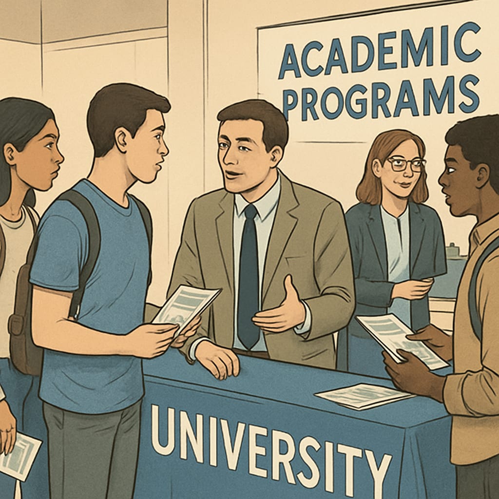 Freshmen exploring university majors and options at a college fair.