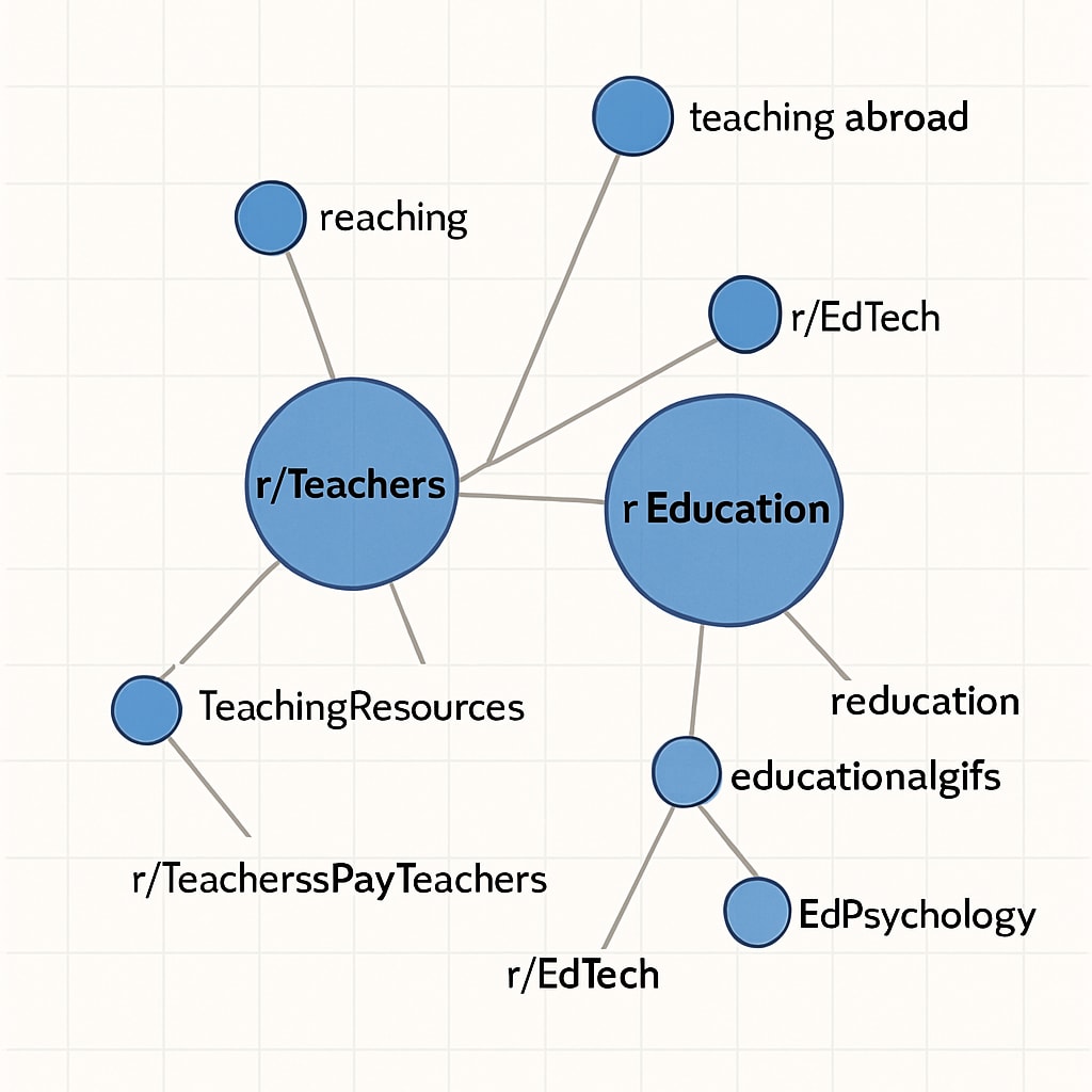 A network diagram or graphic showing interconnected Reddit subreddits related to education, with labels for key communities like r/Teachers and r/Education. Visual representation of Reddit’s education subreddits as a connected network for educators.