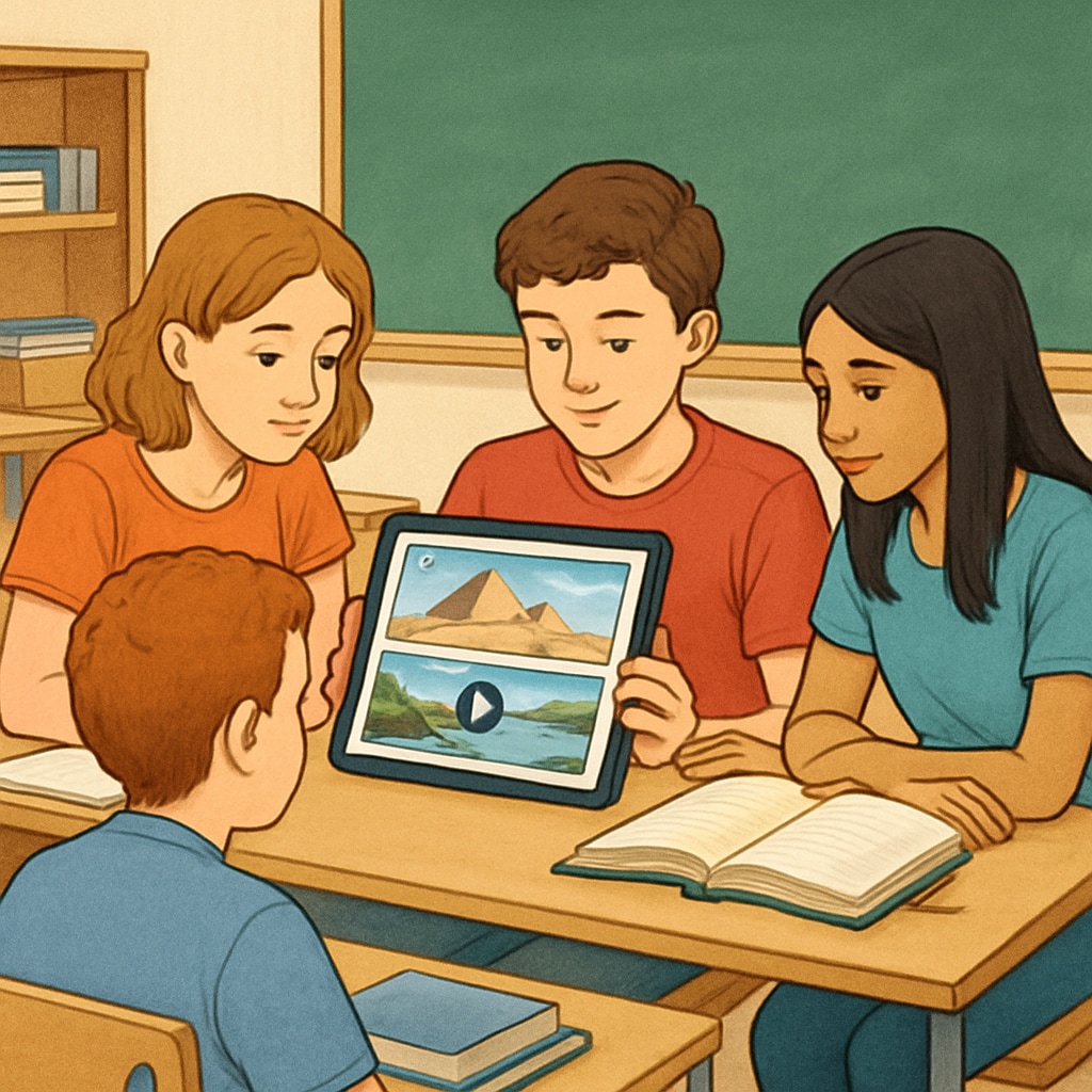 Students watching short travel videos on a tablet in a classroom.