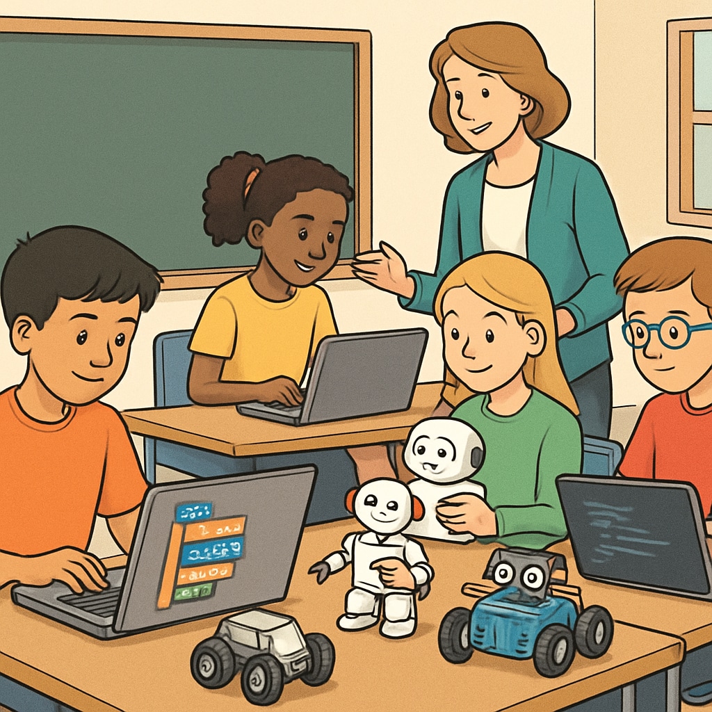 AI development and K12 students working on robotics projects for future adaptability.