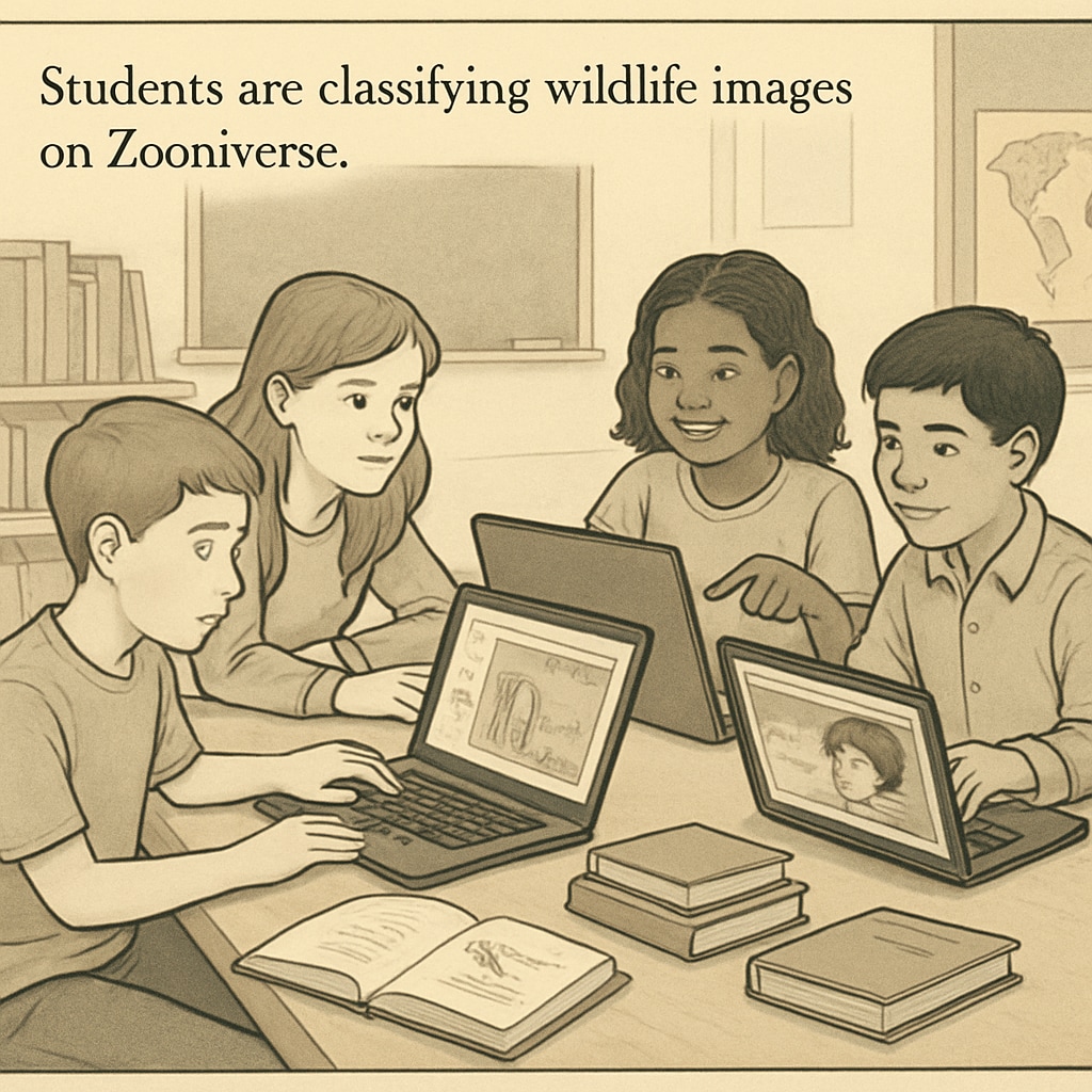 Students participating in Zooniverse citizen science projects by analyzing wildlife images.