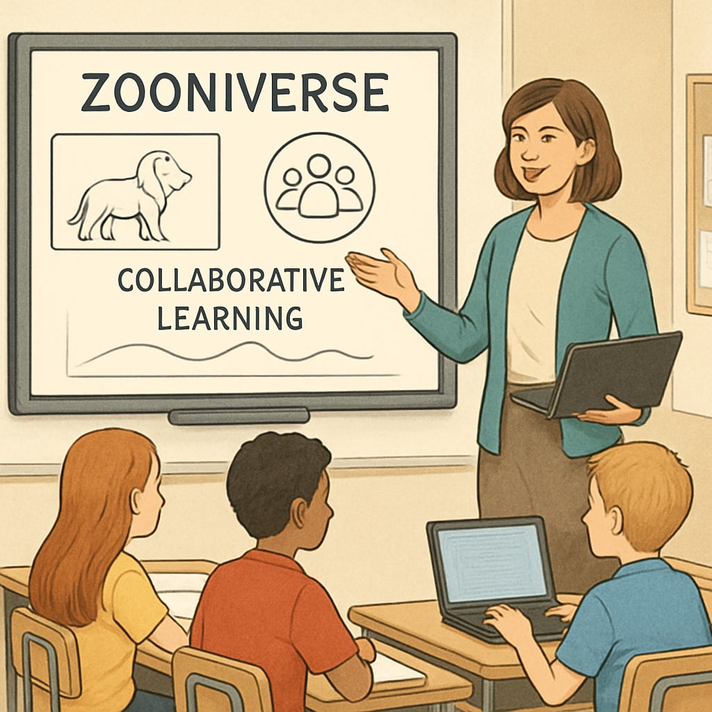 Classroom setting where students collaborate on Zooniverse citizen science projects guided by their teacher.