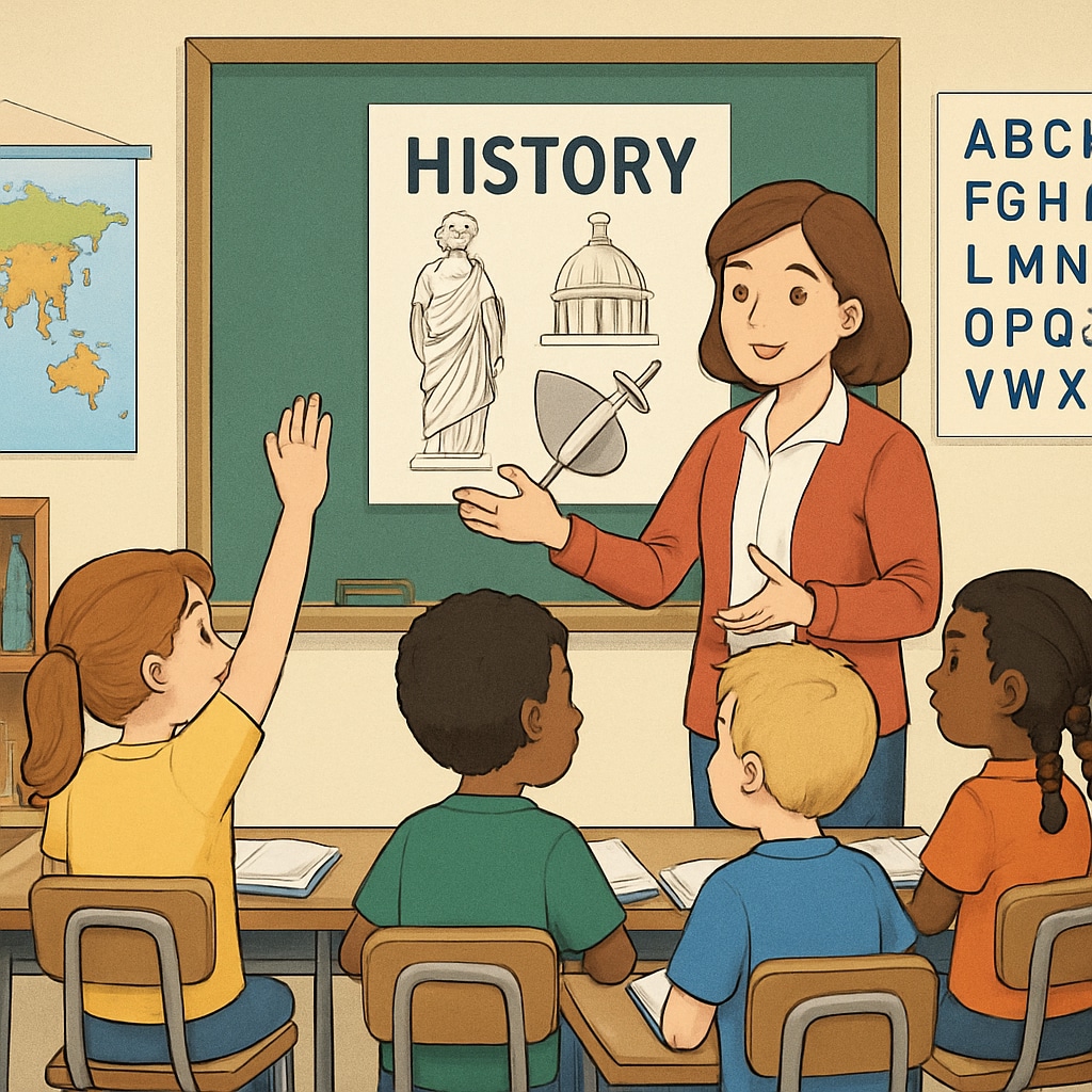 An illustration of young children in a classroom, engaging with a teacher using age-appropriate history materials. First graders learning history through age-appropriate materials.