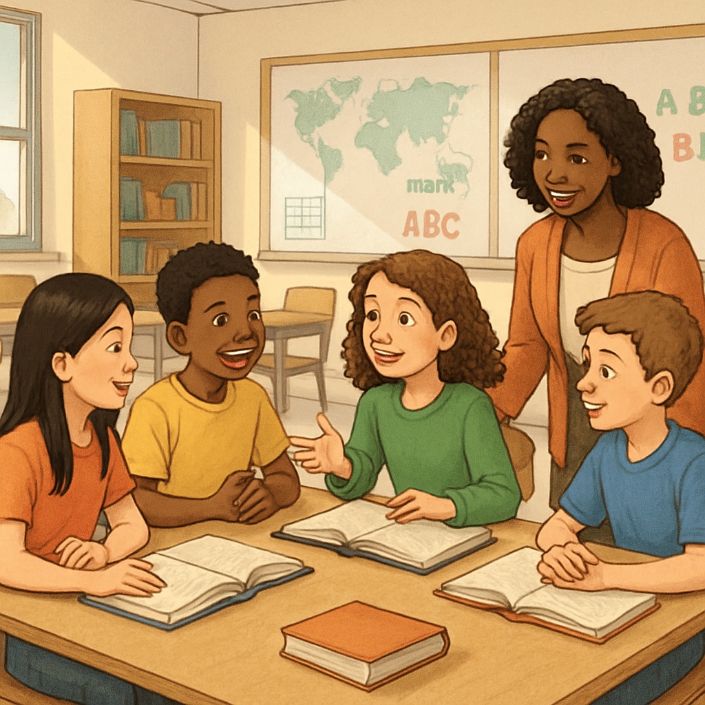 American students in a classroom discussing, symbolizing equality in education.