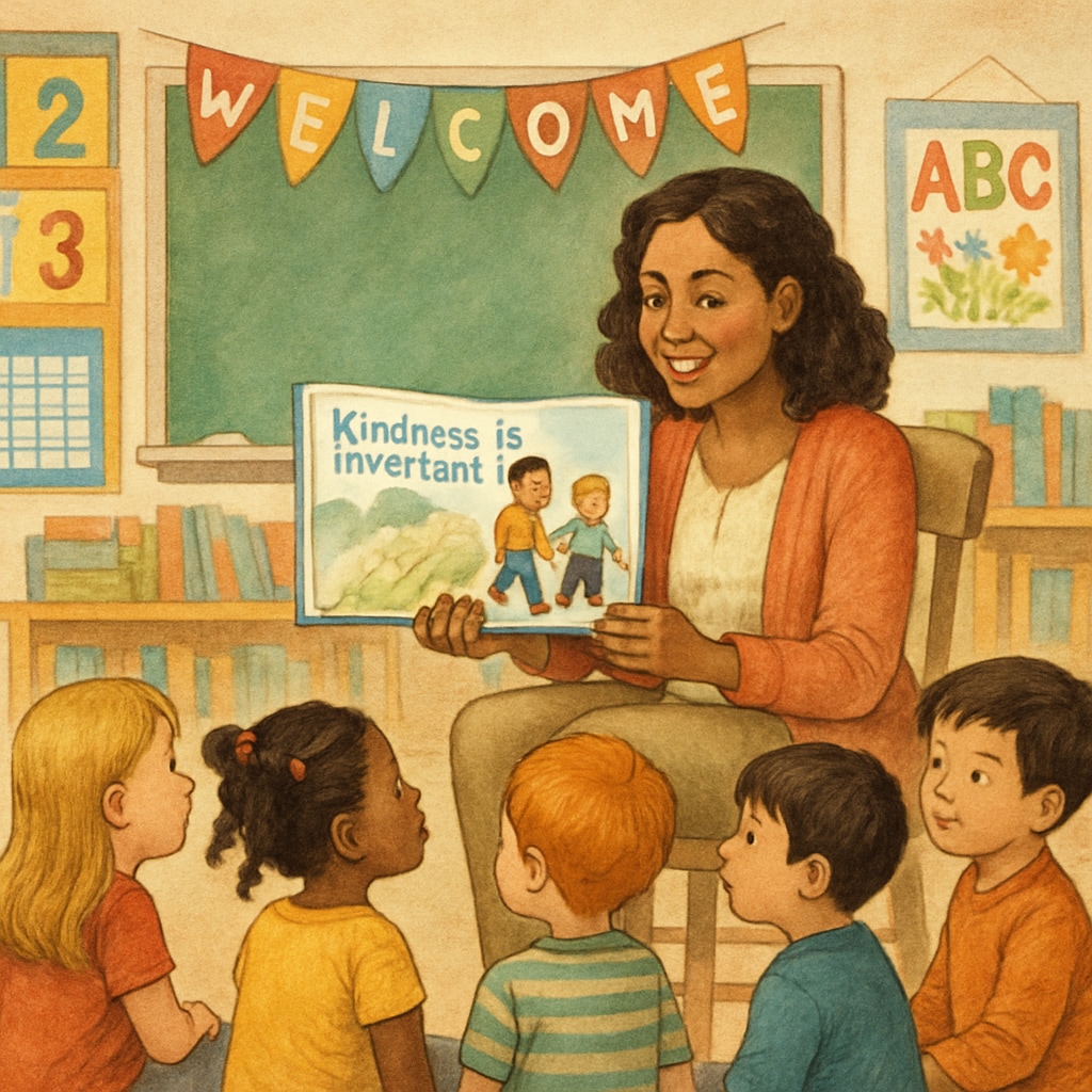 A teacher reading an illustrated children’s book about kindness and inclusion to a group of first graders. A teacher using a storybook to teach inclusion to first graders.