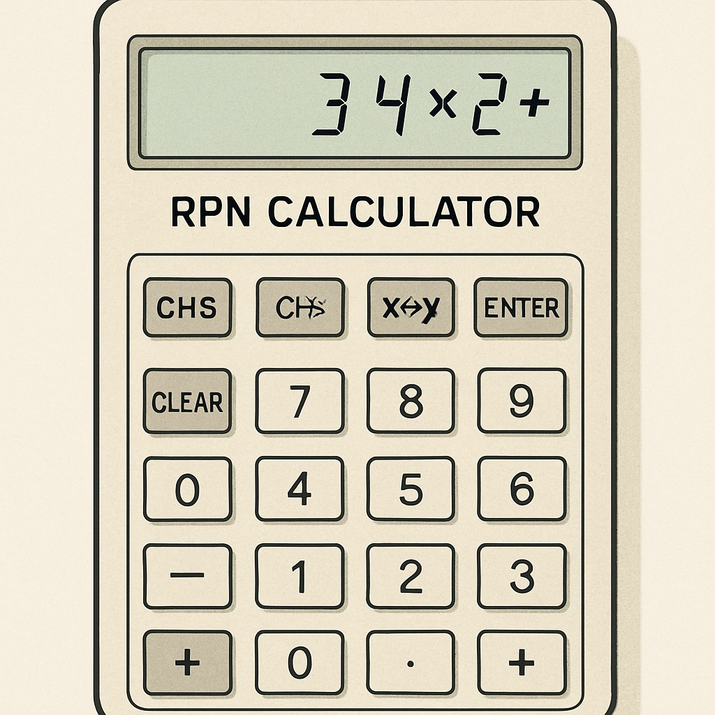 RPN calculator with numbers and operators displayed in Reverse Polish Notation format