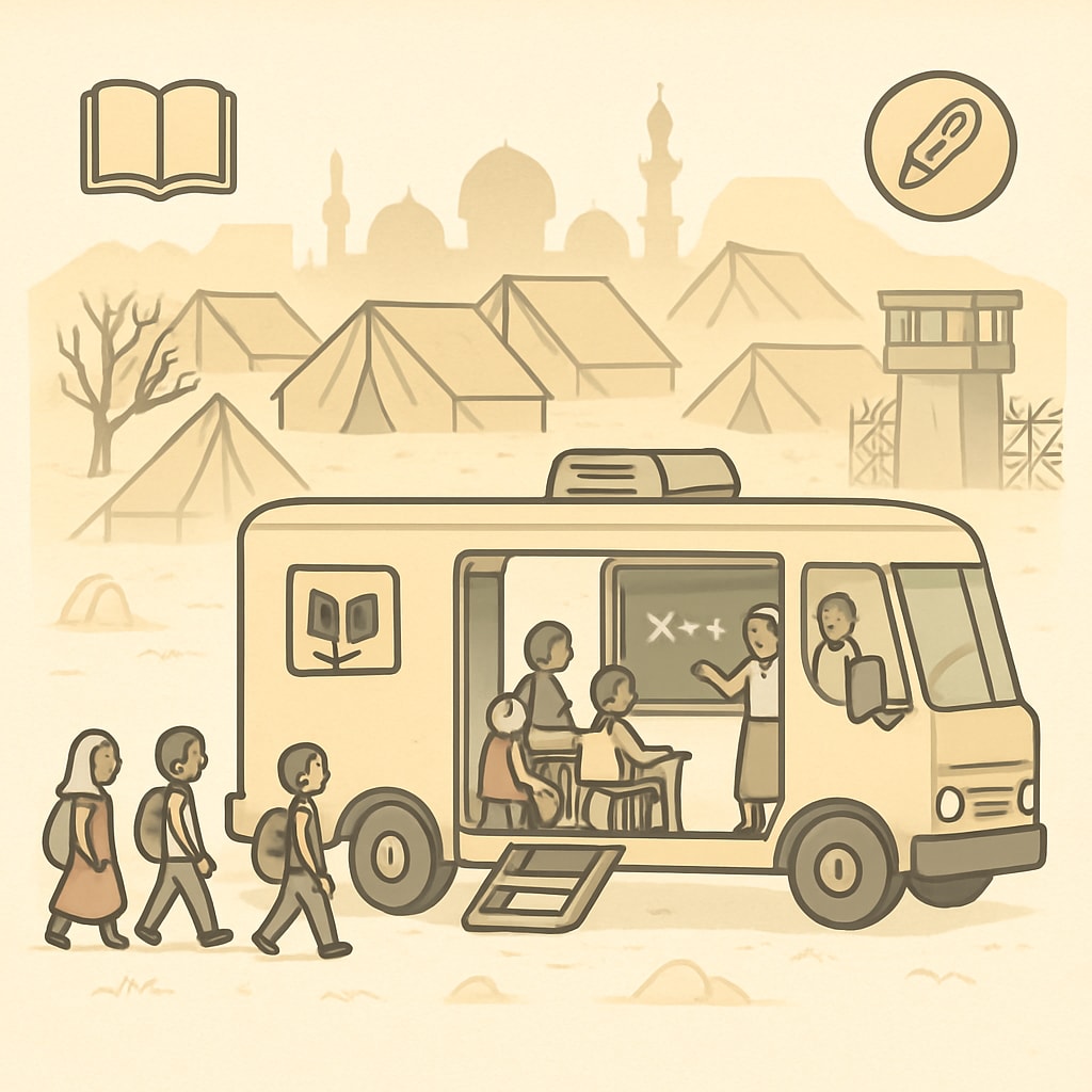 A mobile classroom in a Middle Eastern refugee camp, offering education to displaced children. Mobile classroom providing education to displaced children in a Middle Eastern refugee camp.
