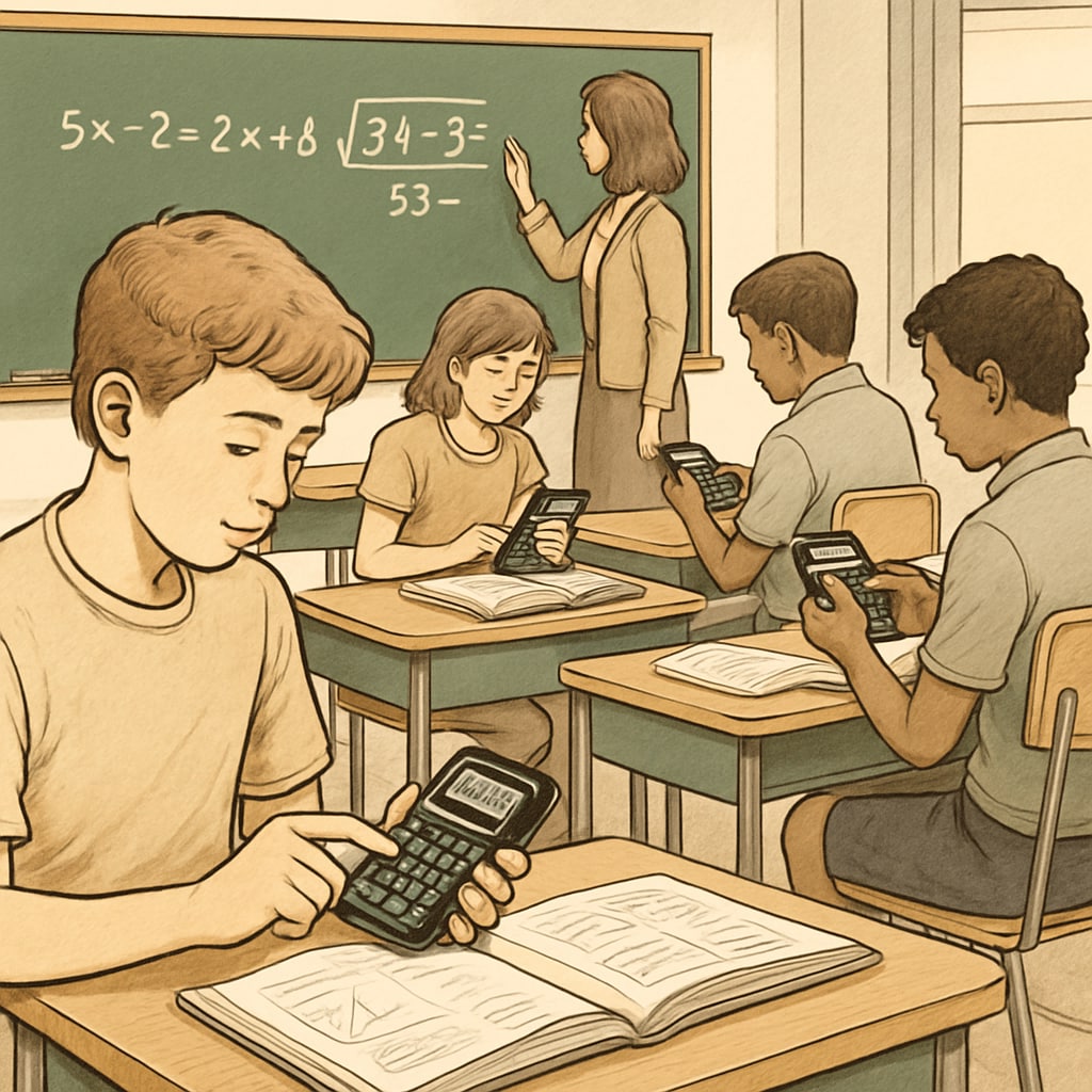 Students using RPN calculators in a classroom during a mathematics lesson