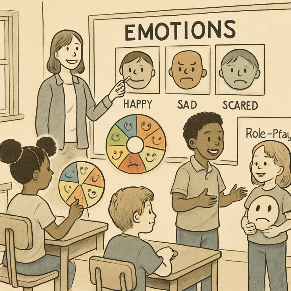 Classroom teaching emotional education techniques to children.