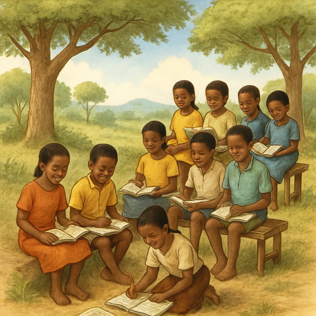 Children in Africa learning outdoors due to limited access to formal classrooms. Children in Africa engaged in outdoor learning due to lack of formal educational infrastructure.