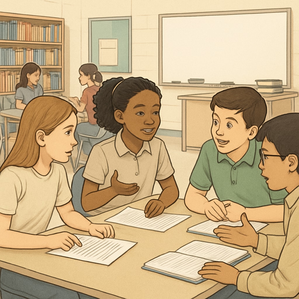 Students discussing reading passages in a fifth-grade ELA class.
