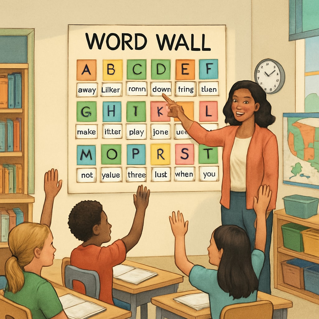 ELA teacher using a vocabulary word wall in a classroom setting.