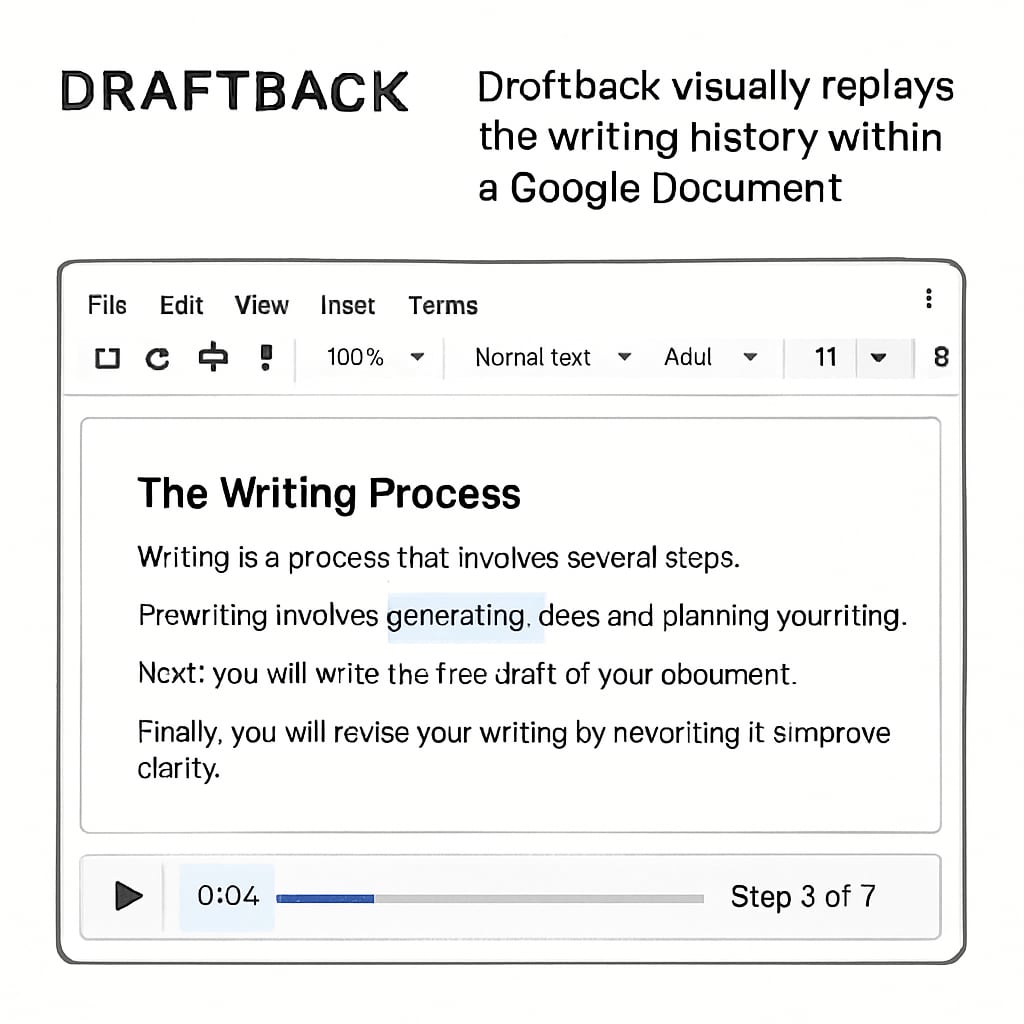 A technical illustration of how Draftback visually replays the writing history within a Google Document. Draftback showing the writing history replay feature for plagiarism detection.