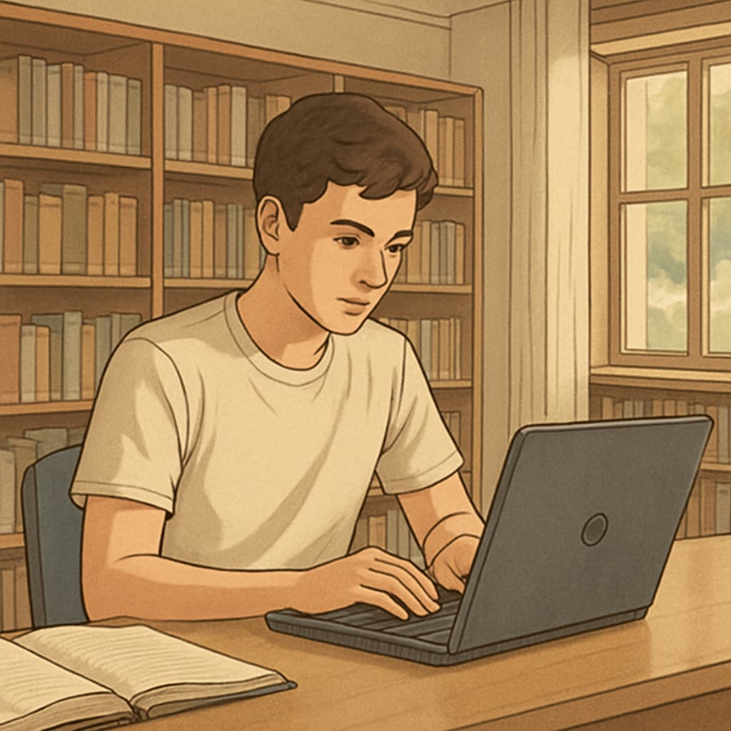 Student researching affordable universities for AS-level applications in a library.
