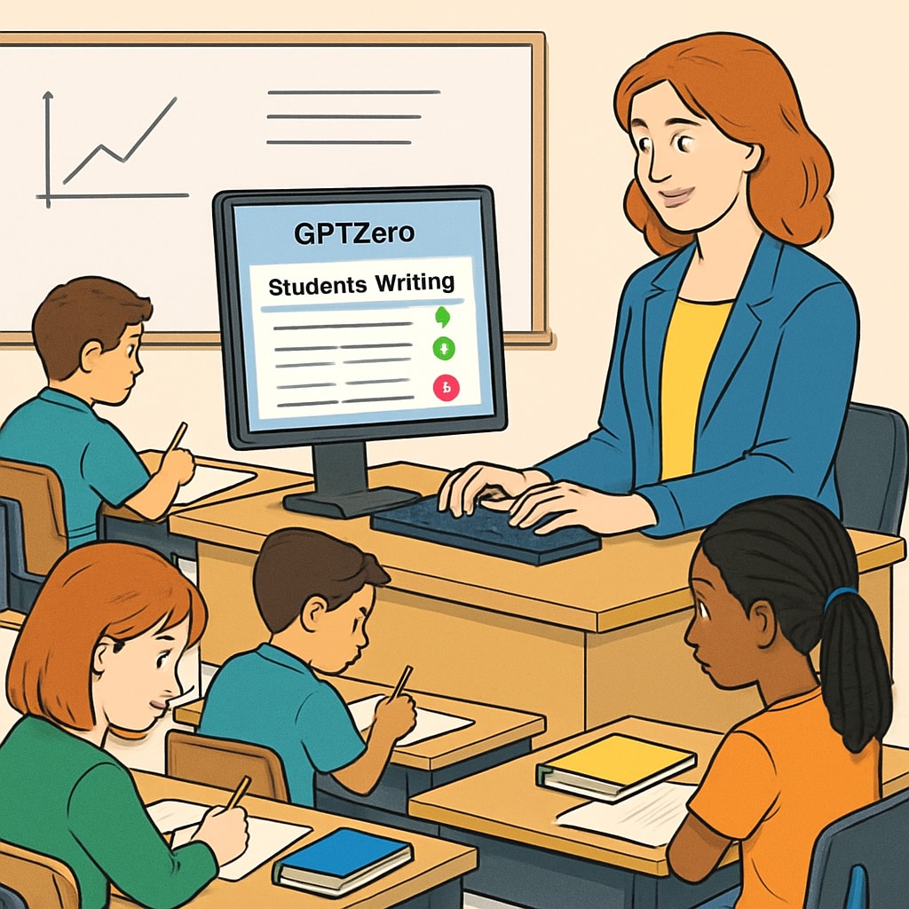 A classroom setting where a teacher uses gptzero to monitor students’ writing in real time. Teacher using gptzero to oversee student writing processes in a K12 classroom.