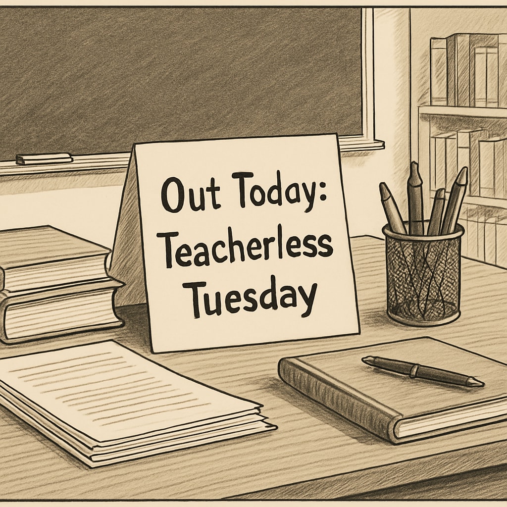 A teacher’s desk with a sign for Teacherless Tuesday, symbolizing advocacy.