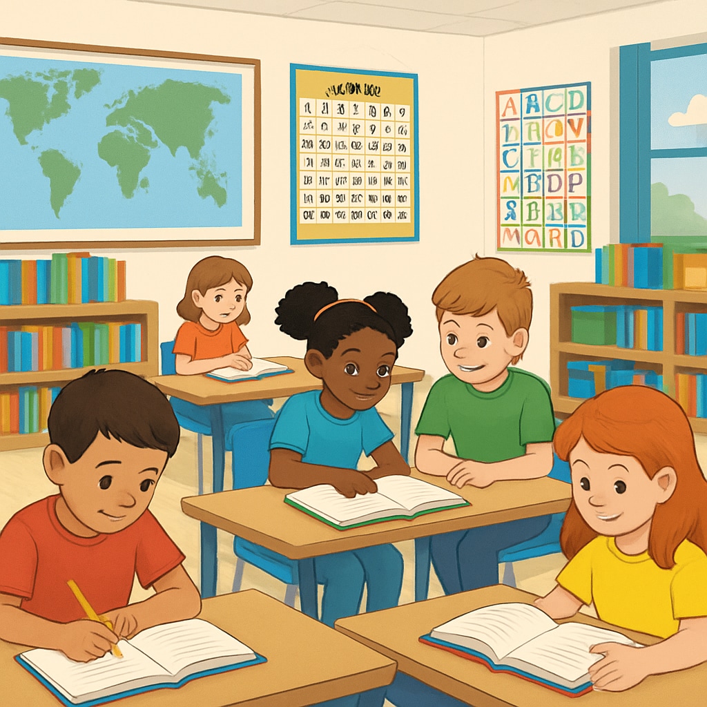 Elementary school classroom with students and teachers, showcasing a positive teaching environment.