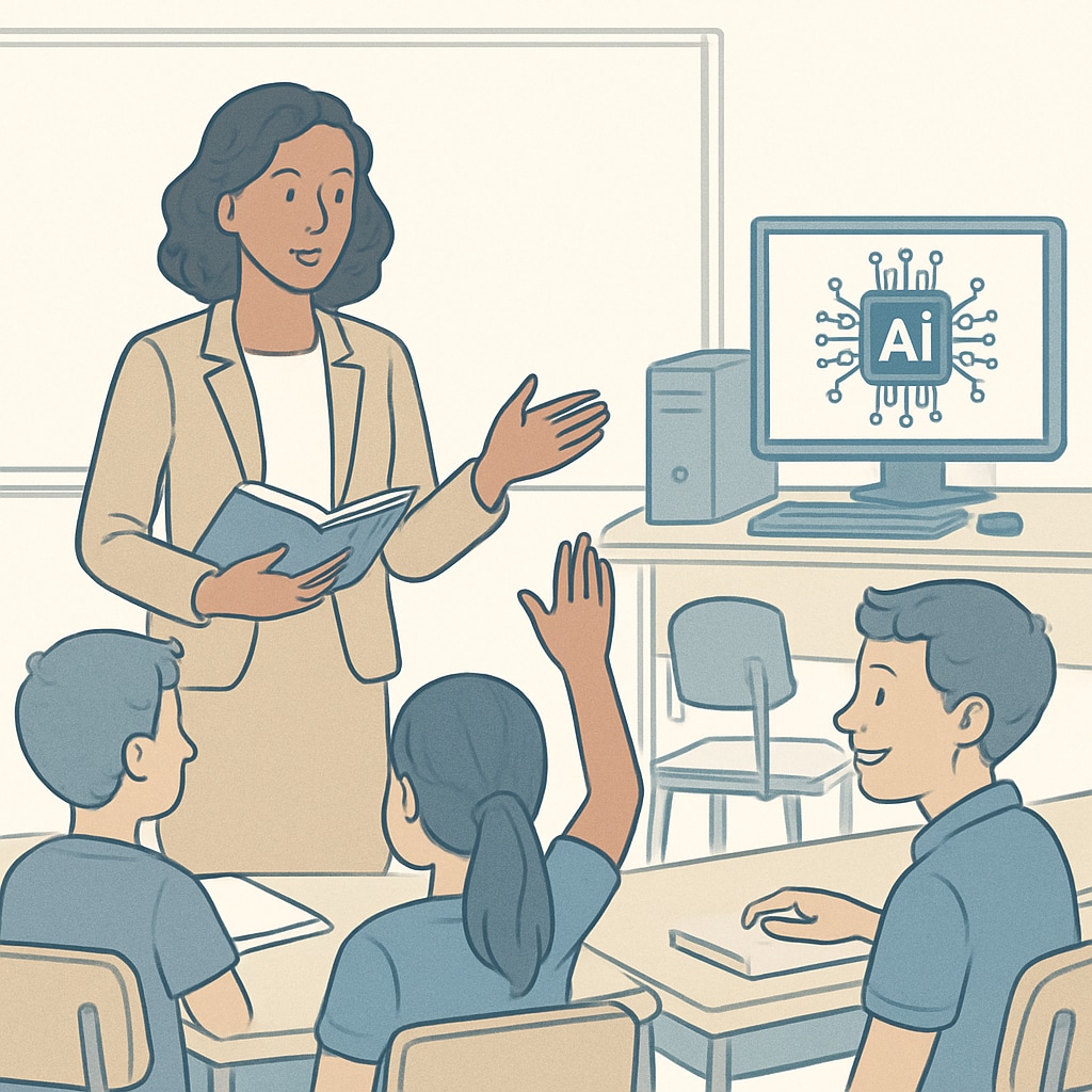 Teacher working with students while AI enhances education efficiency.