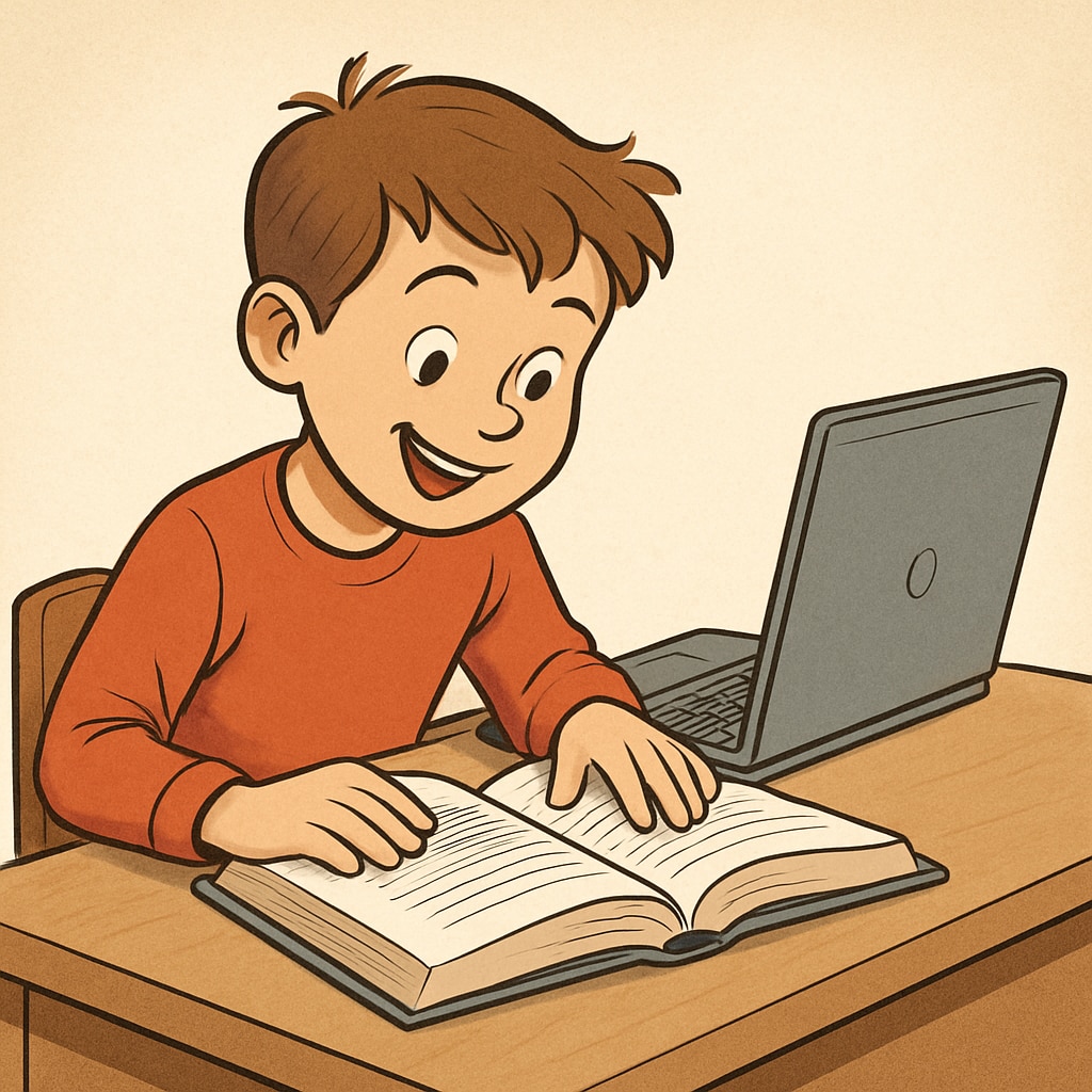 Child reading with laptop, representing free reading comprehension tools.