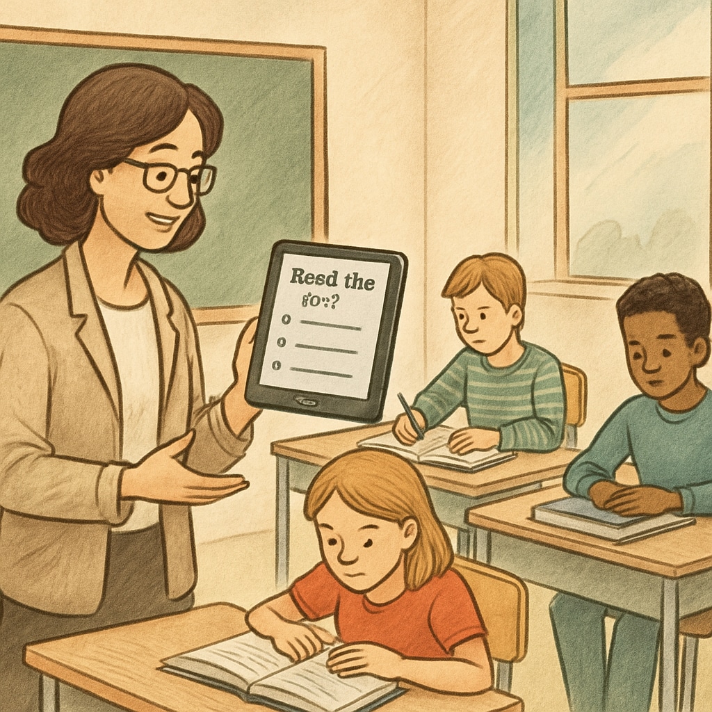 Teacher using tablet for classroom reading assignments.