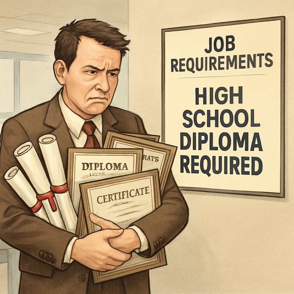A frustrated job seeker holding multiple college degrees, symbolizing the paradox of being denied employment due to high school diploma requirements. Job seeker with degrees facing employment barriers due to high school diploma rules.