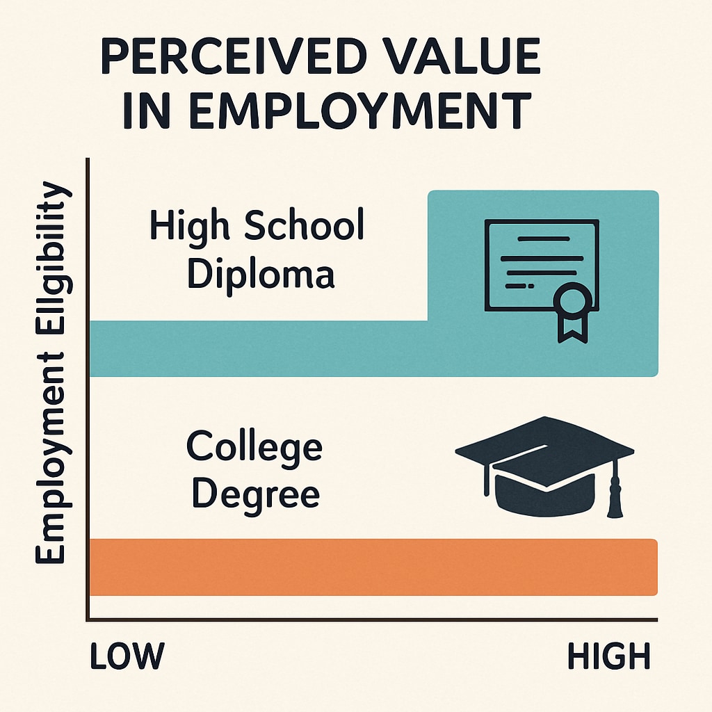 A graphic chart comparing the perceived value of high school diplomas versus college degrees in the context of employment eligibility. Comparison of high school diploma and college degree value in employment.
