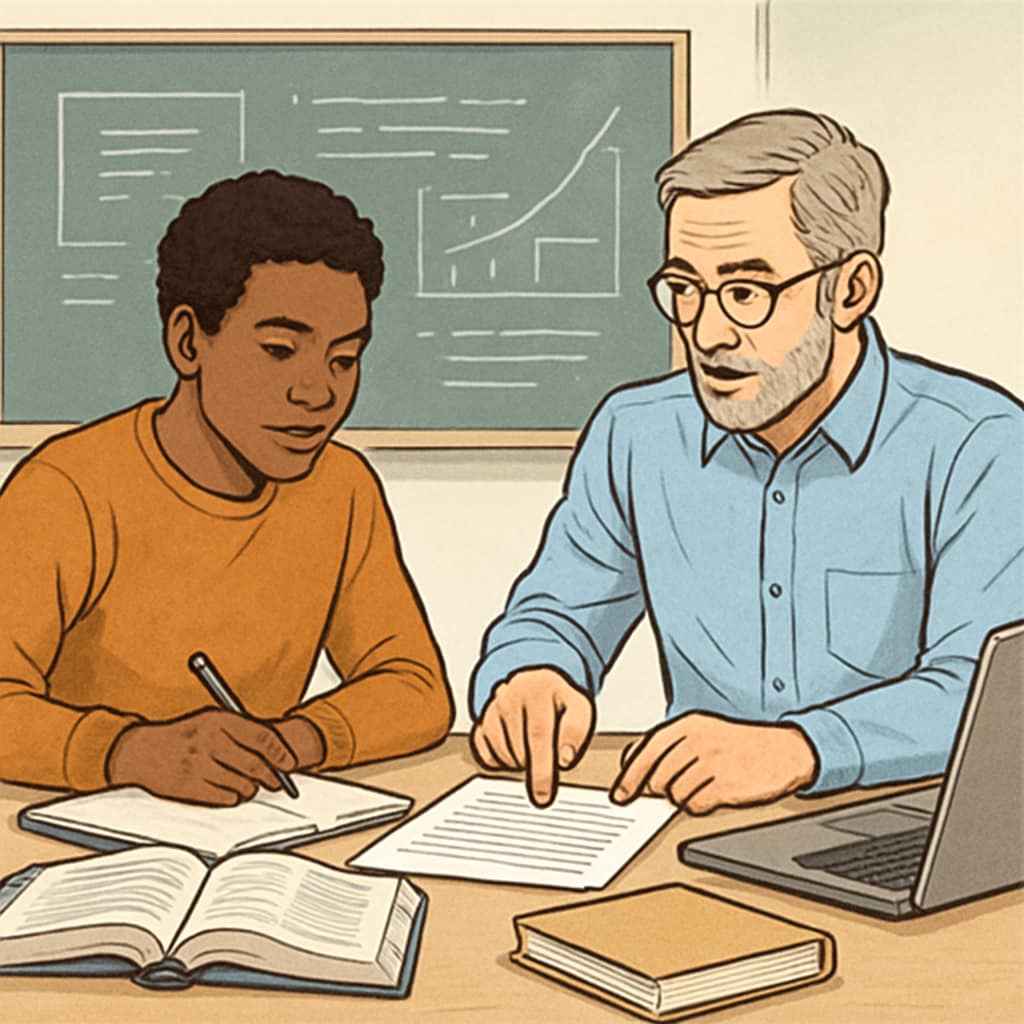A student discussing coursework with a professor, representing academic advising and credit recovery options. A student and professor reviewing coursework, symbolizing strategies for resolving credit shortfalls in UK master’s programs.