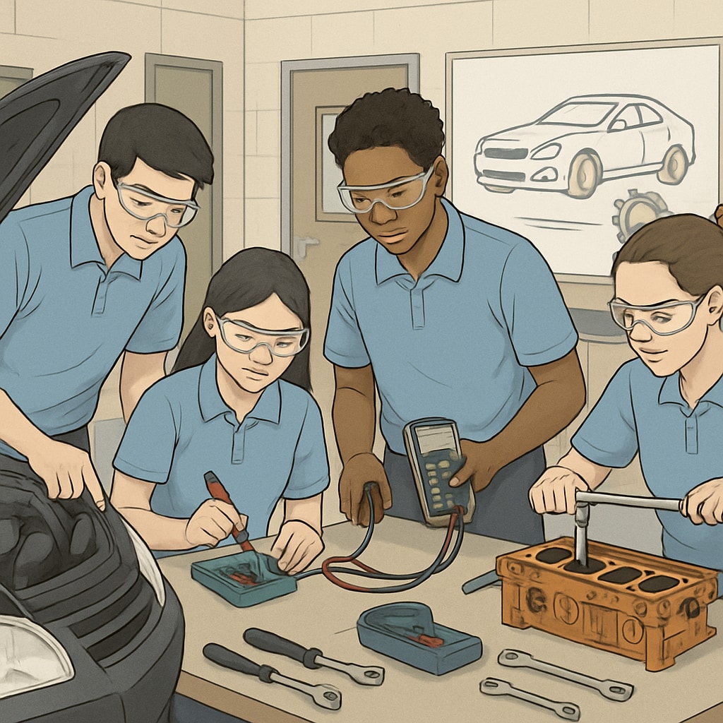 High school students learning automotive technology during STEM workshops
