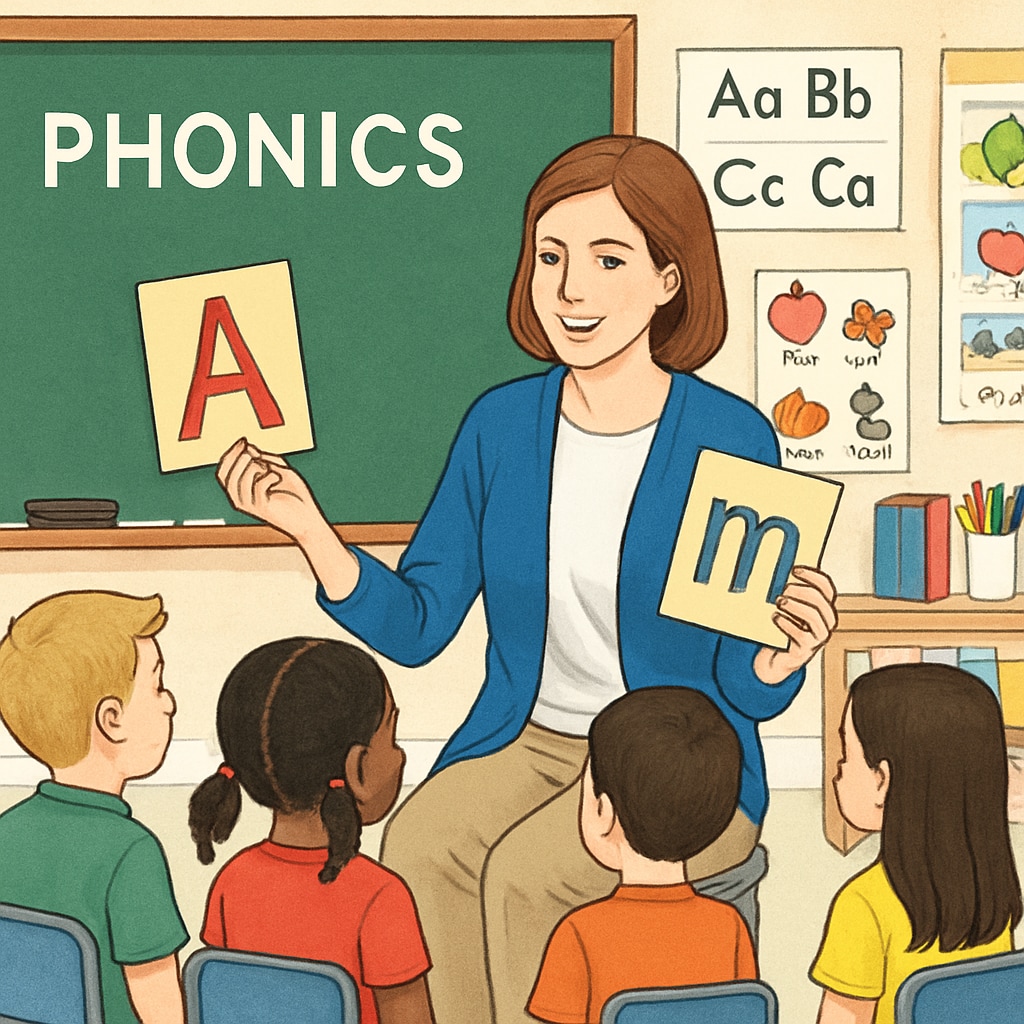 Children learning phonics with flashcards in a classroom