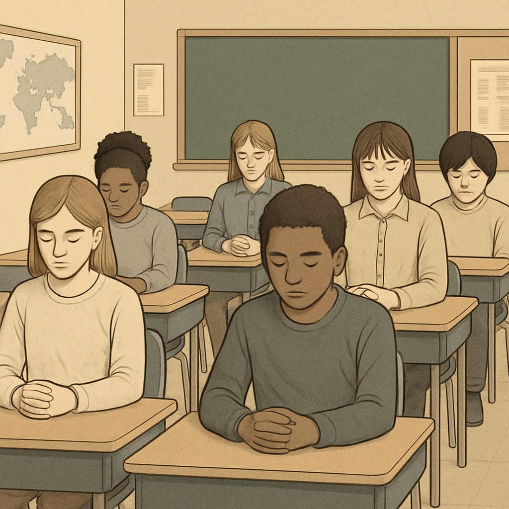 Students in a classroom observing a moment of silence for global war victims