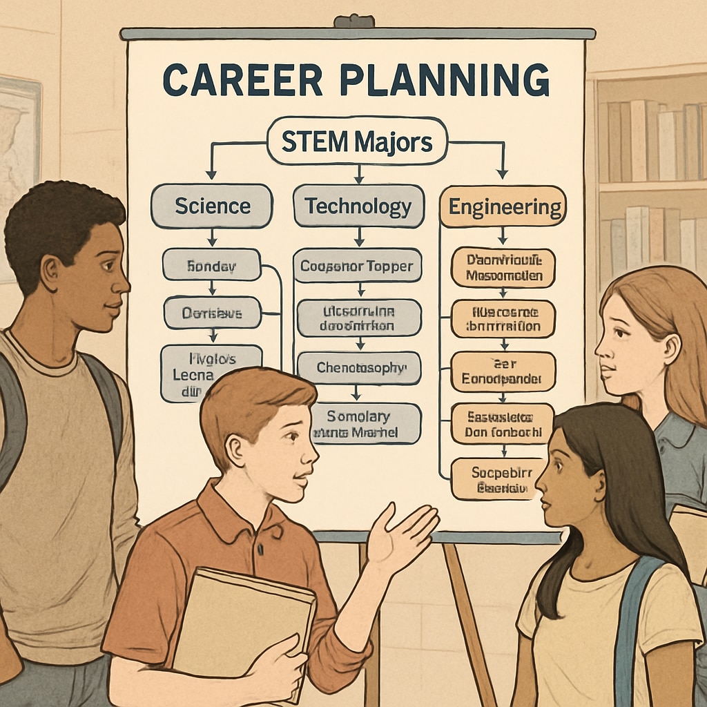 A group of high school students looking at a career planning chart with STEM-related majors. The image emphasizes guidance in STEM career selection. High school students reviewing STEM career planning options