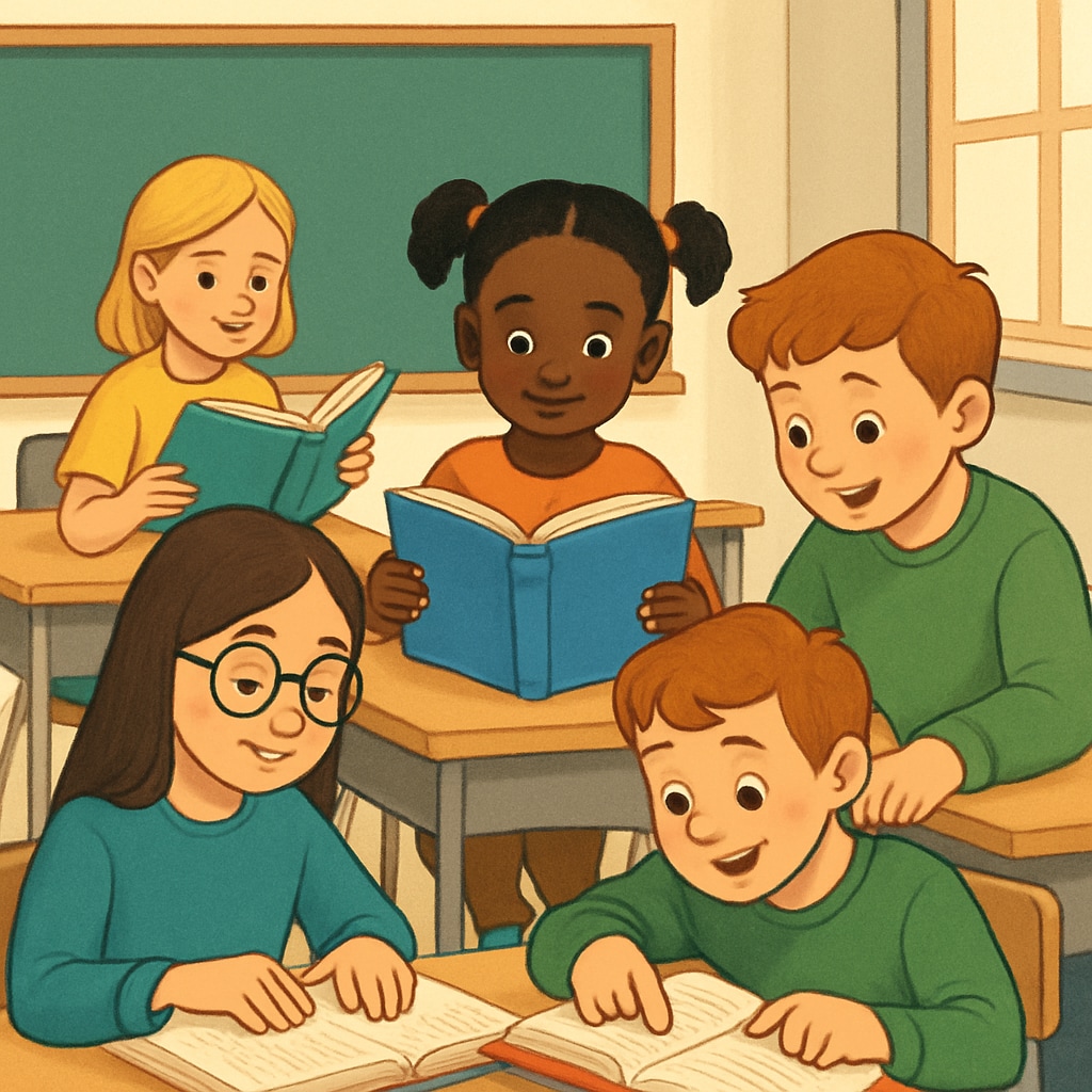 Children engaged in reading activities in a classroom
