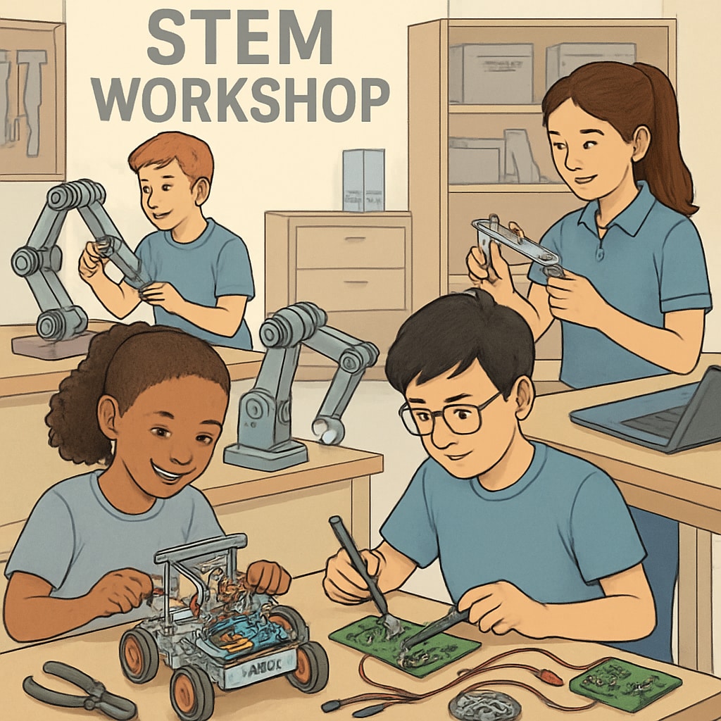 A STEM workshop with students experimenting with robotics and engineering tools. The image highlights hands-on exploration of STEM fields. Students participating in STEM robotics workshop