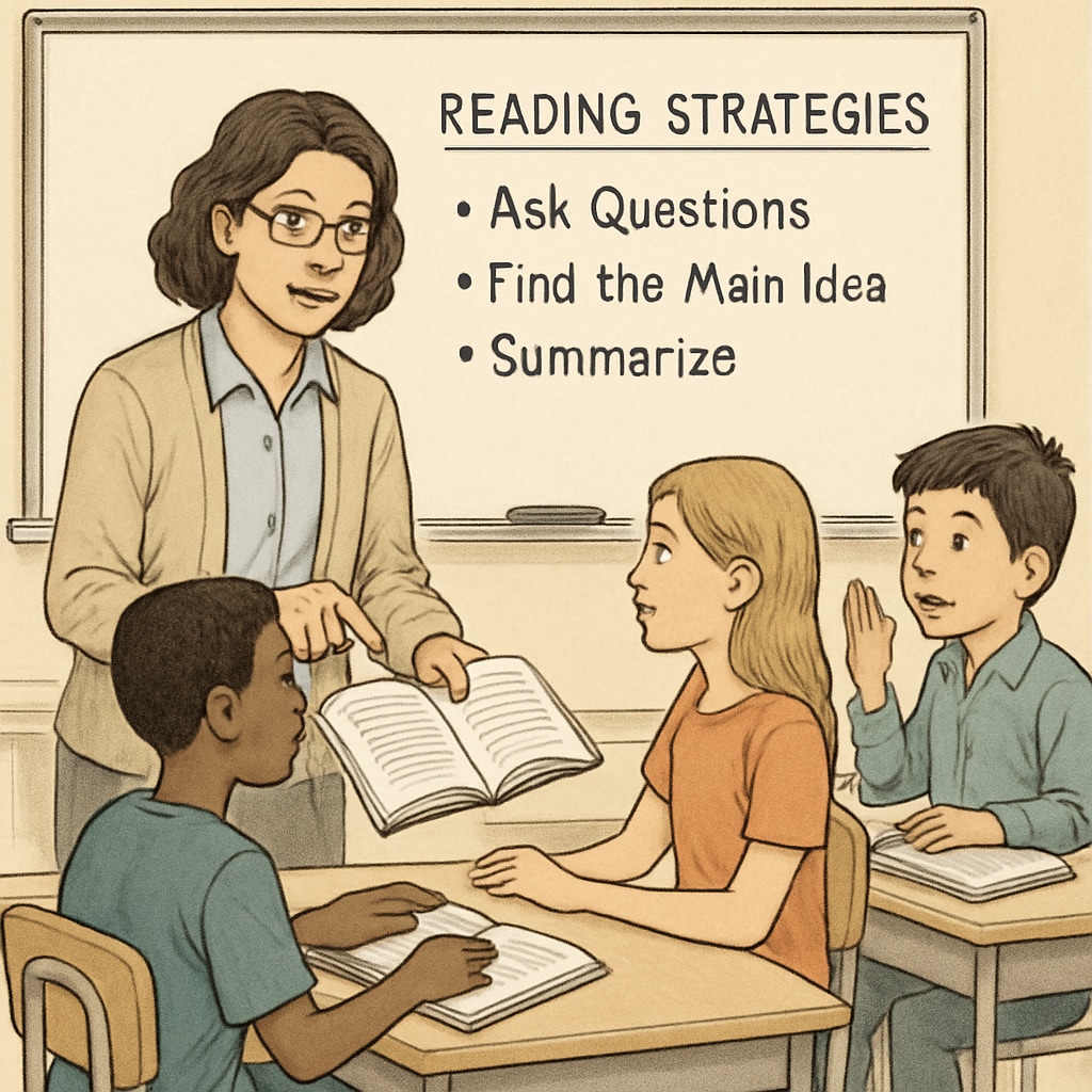 A middle school teacher discussing reading strategies with students, representing educator involvement in improving text complexity. Middle school teacher engaging students in reading comprehension activities.