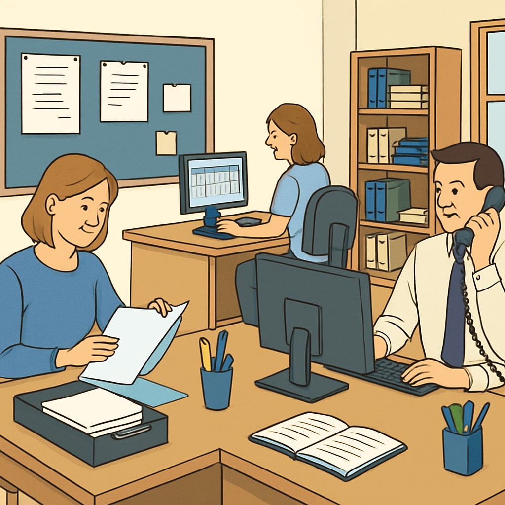 A school office environment showing administrative staff working on tasks like scheduling and communication. School administrative staff working on tasks aligned with education jobs and school schedules.