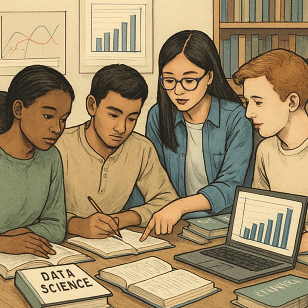 A group of international students studying together with textbooks on data science, symbolizing collaboration and academic focus. International students studying data science together