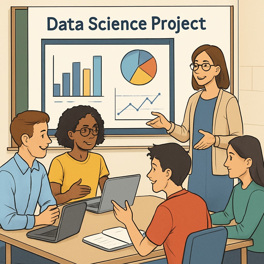 A classroom featuring students discussing a data science project presentation, representing interactive learning in data science programs. Students presenting a data science project in a classroom
