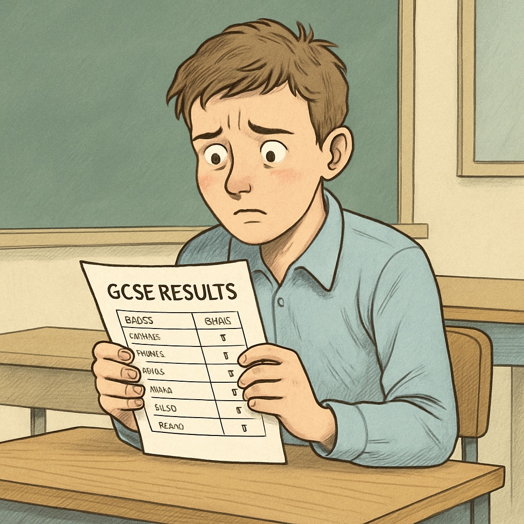 GCSE results and academic anxiety reflected in a student’s reaction.
