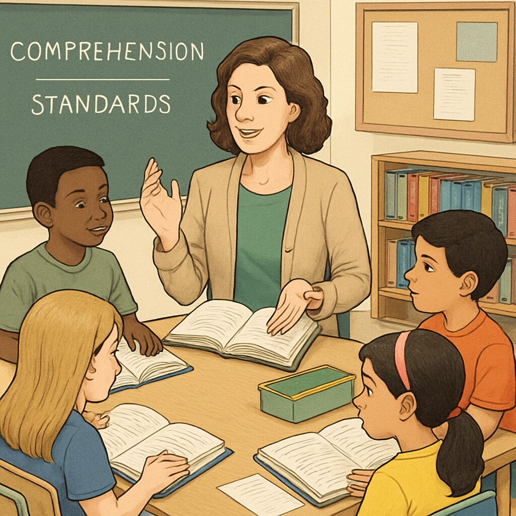 A teacher guiding fifth-grade students in a reading session, illustrating balanced reading methods.