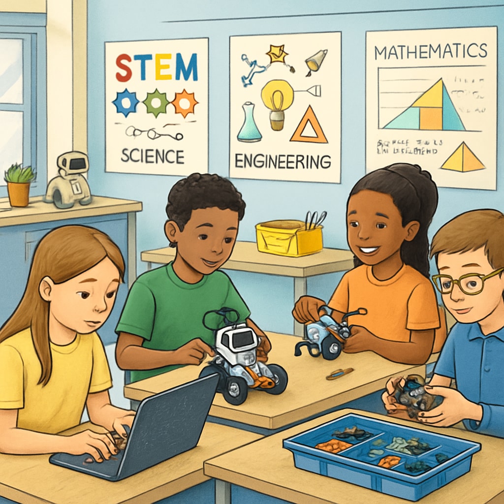 A classroom with students engaged in hands-on STEM activities, including robotics and coding, showcasing the importance of STEM education. STEM education activities in a high school classroom