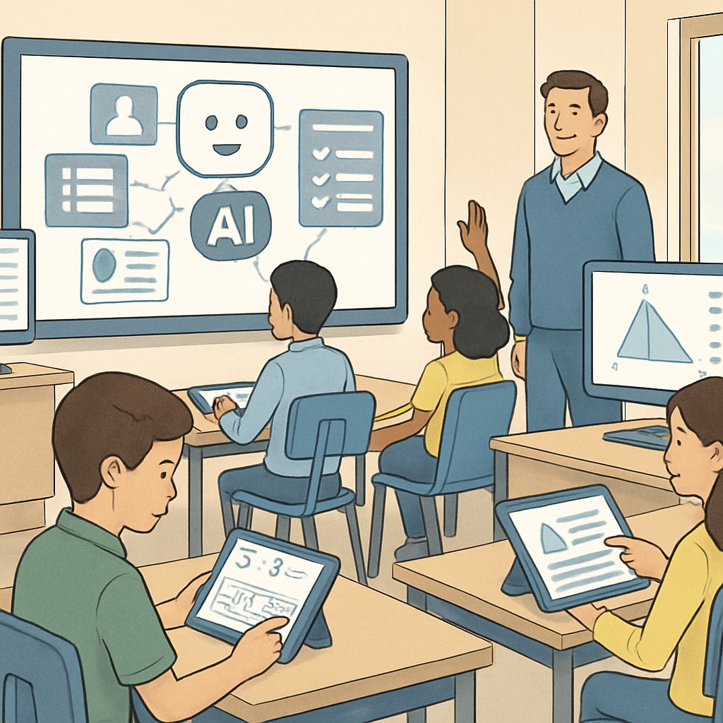 Students using AI-powered educational tools in a modern classroom setting. The image showcases students interacting with tablets and screens displaying personalized learning content. Students using AI educational tools in a classroom