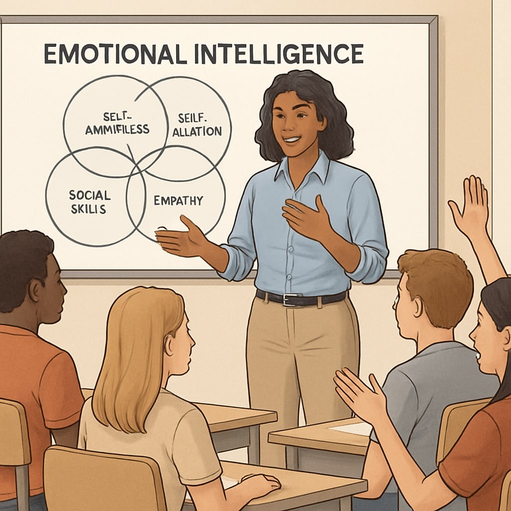 A teacher conducting an emotional intelligence workshop with a diverse group of students, emphasizing interpersonal skills and self-awareness. Emotional intelligence workshop for high school students