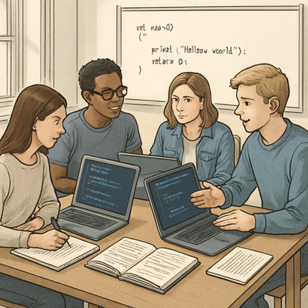 University students coding collaboratively during a tech project