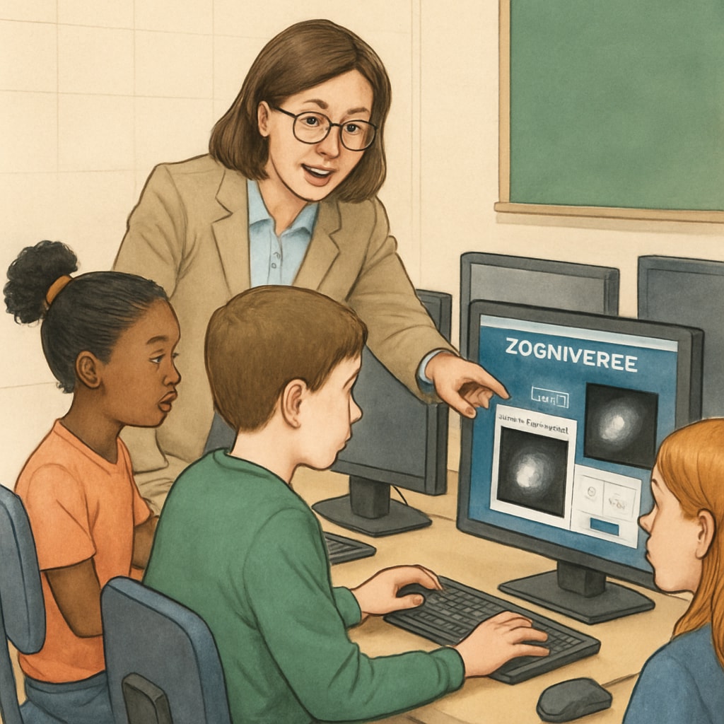 A teacher helping students with a Zooniverse citizen science project in the classroom.