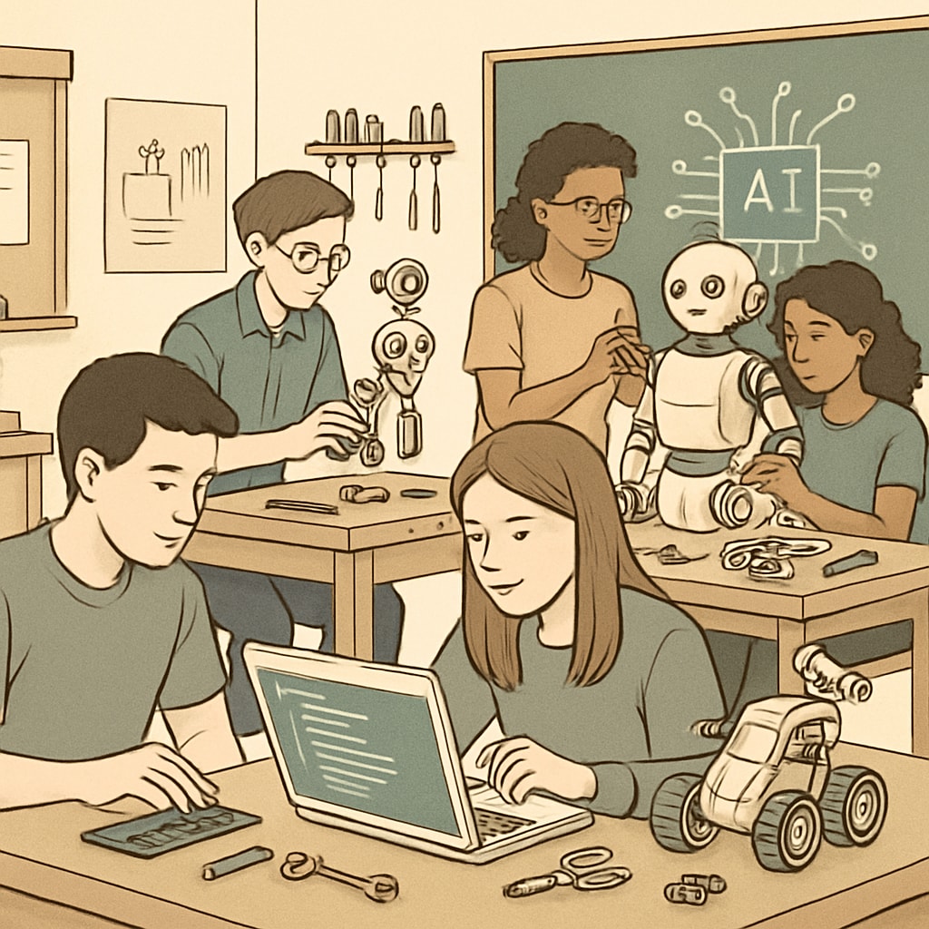 A workshop where students collaborate on robotics and AI projects. The image features students working together on coding and assembling robotic models. Students collaborating on AI and robotics projects
