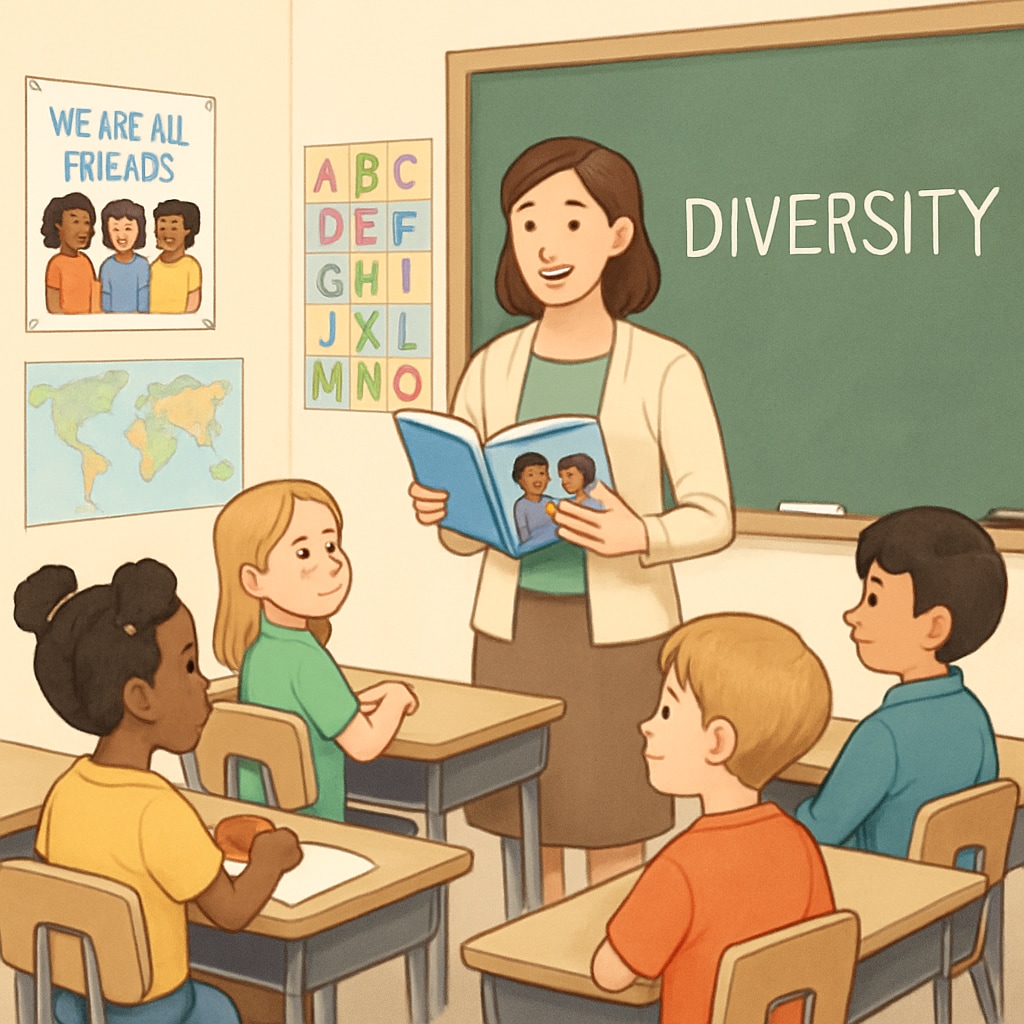 An illustration showing children in a classroom learning about diversity through age-appropriate storytelling. First-grade students learning about diversity through storytelling.